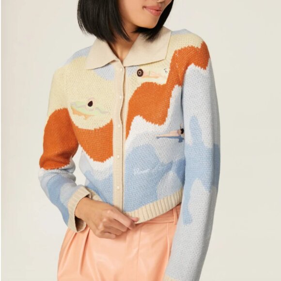House of Sunny Souvenir Cardigan Sweater Ivory Blue Multi Size 4 - Picture 1 of 8
